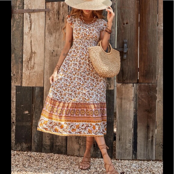 NWOT Floral Print Ruffle Sleeves Flounce Hem Dress - Picture 4 of 6